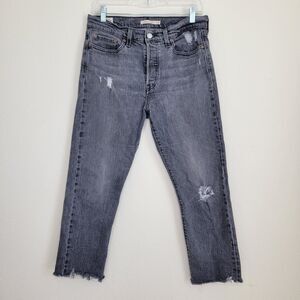 Levis Wedgie Straight Raw Hem 29 High Rise Washed Black Wash Distressed